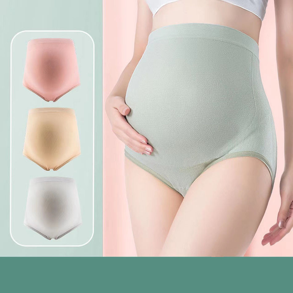 妊婦のハイウエストベリーサポートパンティー、シームレスコットン下着、単色快適なパンティー、妊娠