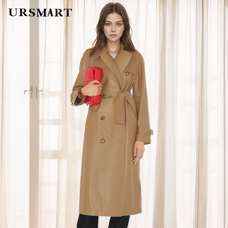 Gabardina de cuero para mujer, ganador de otoño, abrigo largo de cuero genuino con doble botonadura de alta calidad, 2024