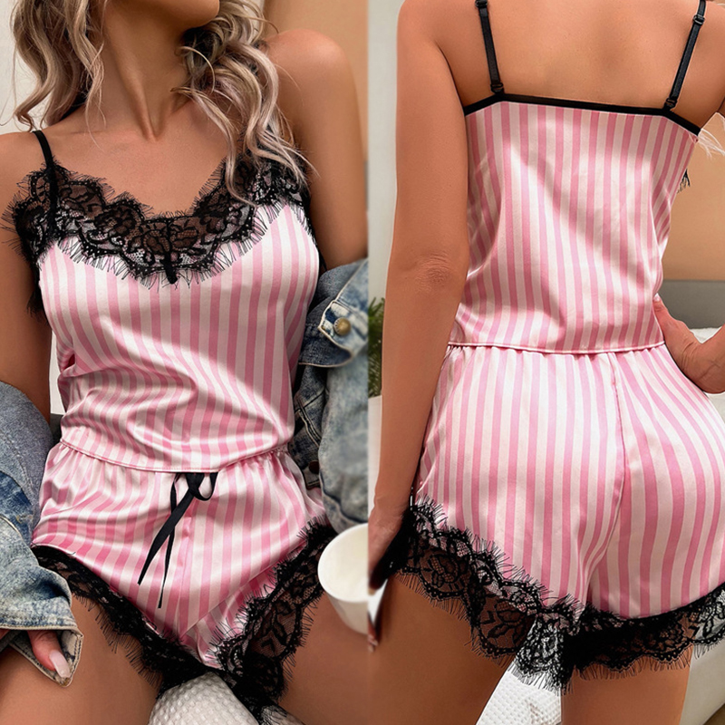 Conjunto de pijama de dos piezas con cuello en V para mujer, pantalones cortos con tirantes de encaje Sexy, informal, sin mangas, Sexy