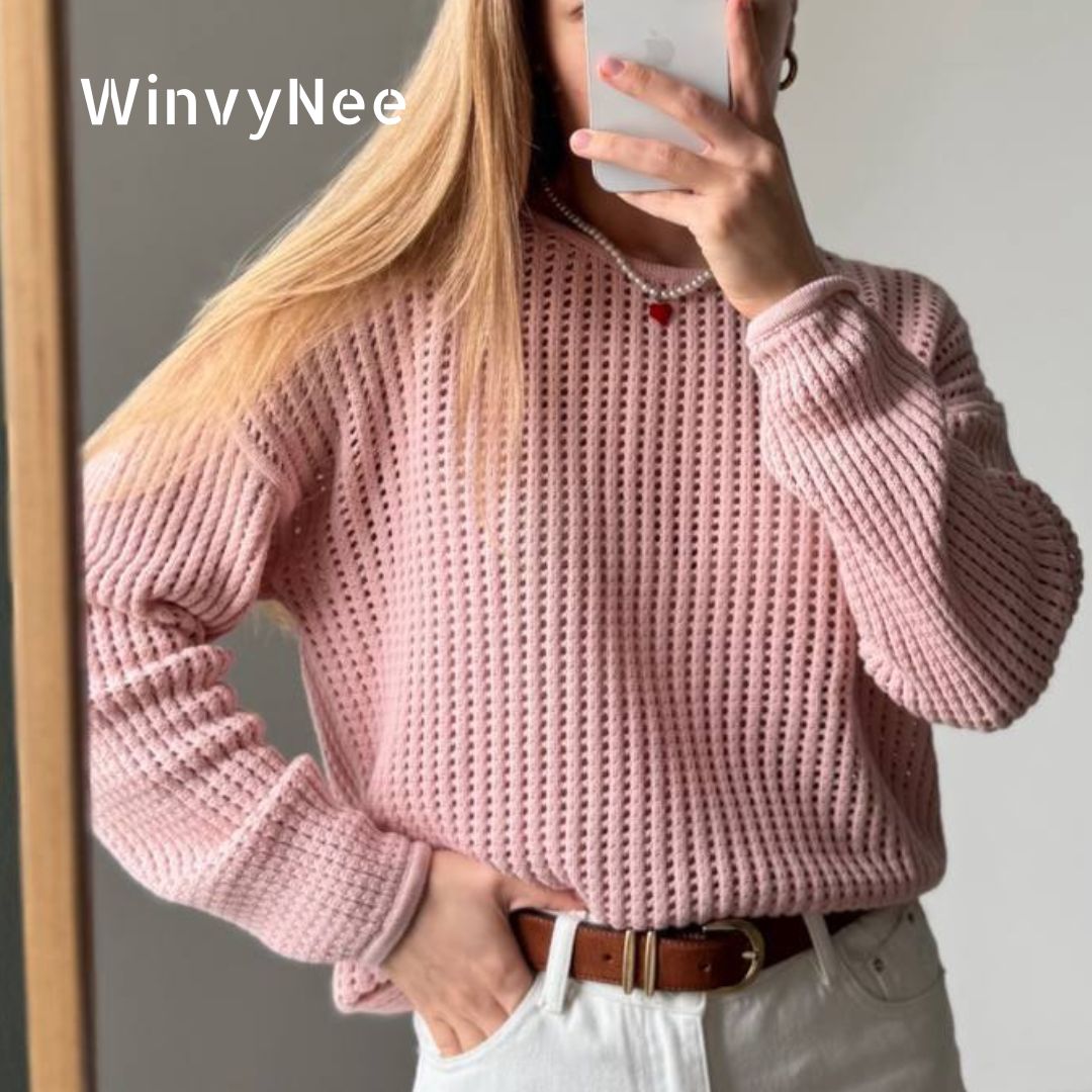 WinvyNee – pull en pur coton pour femmes, col rond, manches longues, couleur unie, tricot décontracté ajouré, ZA1092001