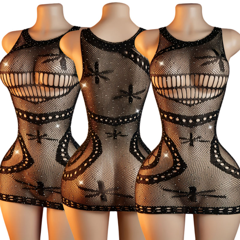 Bodysuit Berlian Imitasi Jaring Seksi Wanita Gaun Bodycon Berongga Tembus Pandang Tanpa Bikini Pakaian Renang Wanita Musim Panas Y2K