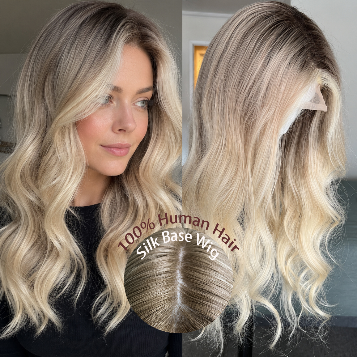 Peruka medyczna ombre blond dla kobiet, z europejskich włosów virgin, z jedwabną bazą, silikonowymi krawędziami PU, miękką siatką z materiału, ombre u nasady i baby hair.