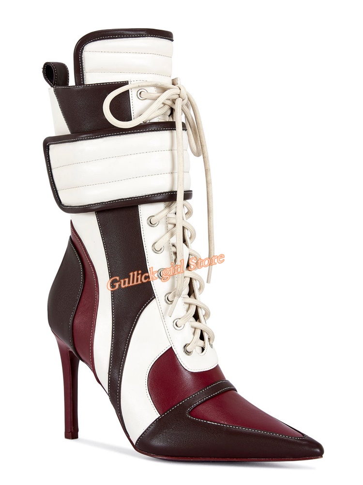 Patchwork veterboots met dunne hoge hak, sexy spitse neus, runway 2026 herfst winter damesschoenen, gemengde kleur denim blauw