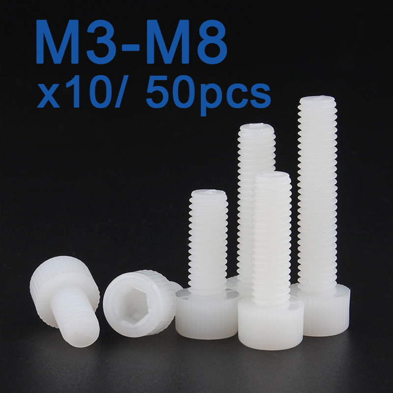 10/ 50 stuks plastic nylon dop dop schroeven wit hex kop allen bouten schroef m3 m4 m5 m6 m8