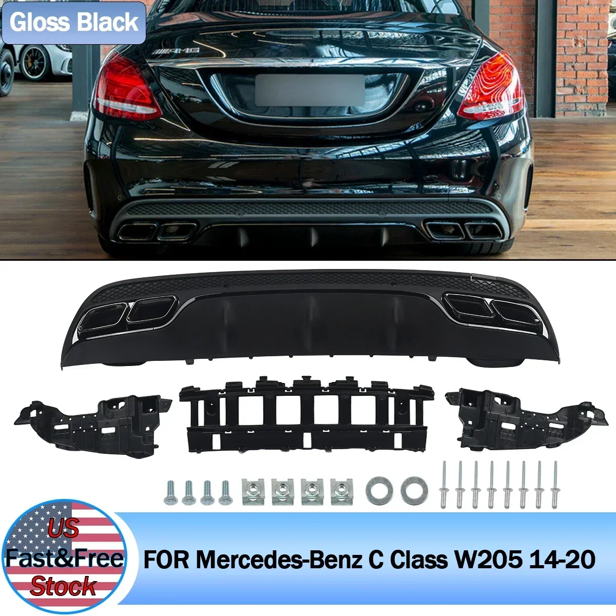 Pasuje do tylnej wargi C63 AMG Style + końcówki wydechu do Mercedesa W205 Sedan 2015 2016 2017 2018