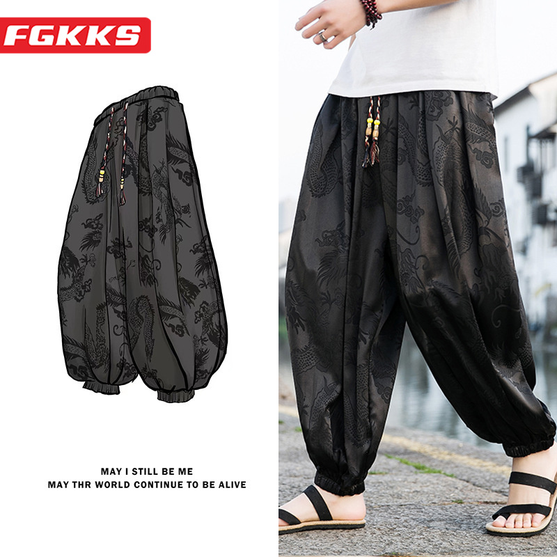 FGKKS 2023 pantalones de marca al aire libre para hombres Lce seda dragón flor oscura bombachos sueltos pantalones casuales de pierna ancha de alta calidad para hombre
