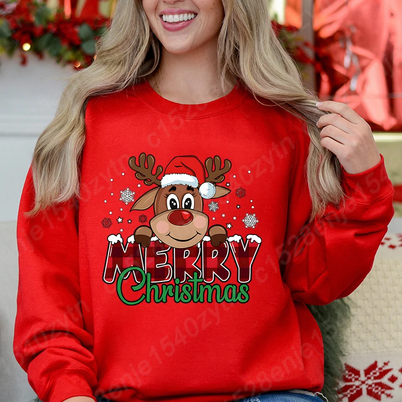 Sudadera festiva navideña con estampado de renos y cuadros para mujer, sudaderas informales holgadas de manga larga con cuello redondo para invierno