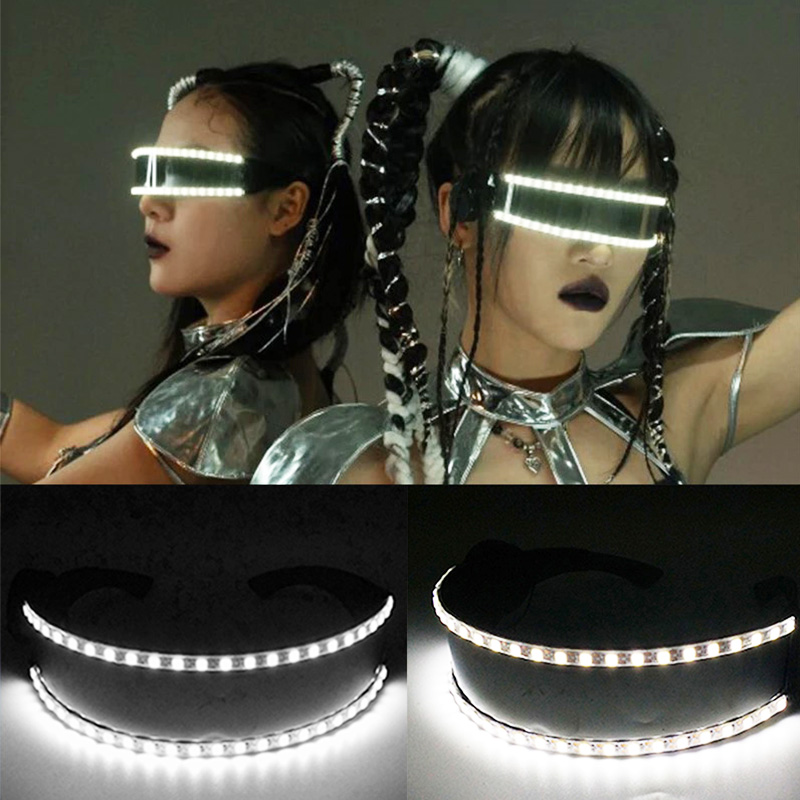 Kacamata Cyberpunk Futuristik Bercahaya, Kacamata Rave Cyber LED, Kacamata Visor Bercahaya untuk Perlengkapan Pertunjukan Musik EDM
