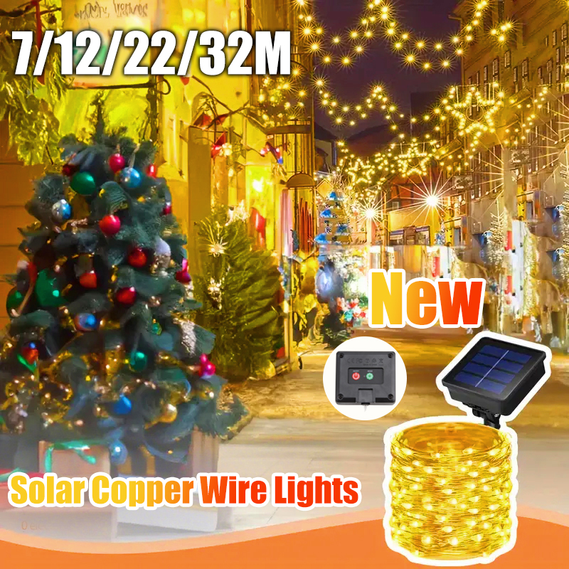 Guirnaldas de luces solares de alambre de cobre para exteriores, guirnaldas de luces impermeables, 8 modos para Navidad, jardín, árboles, patio, fiesta, decoración de boda