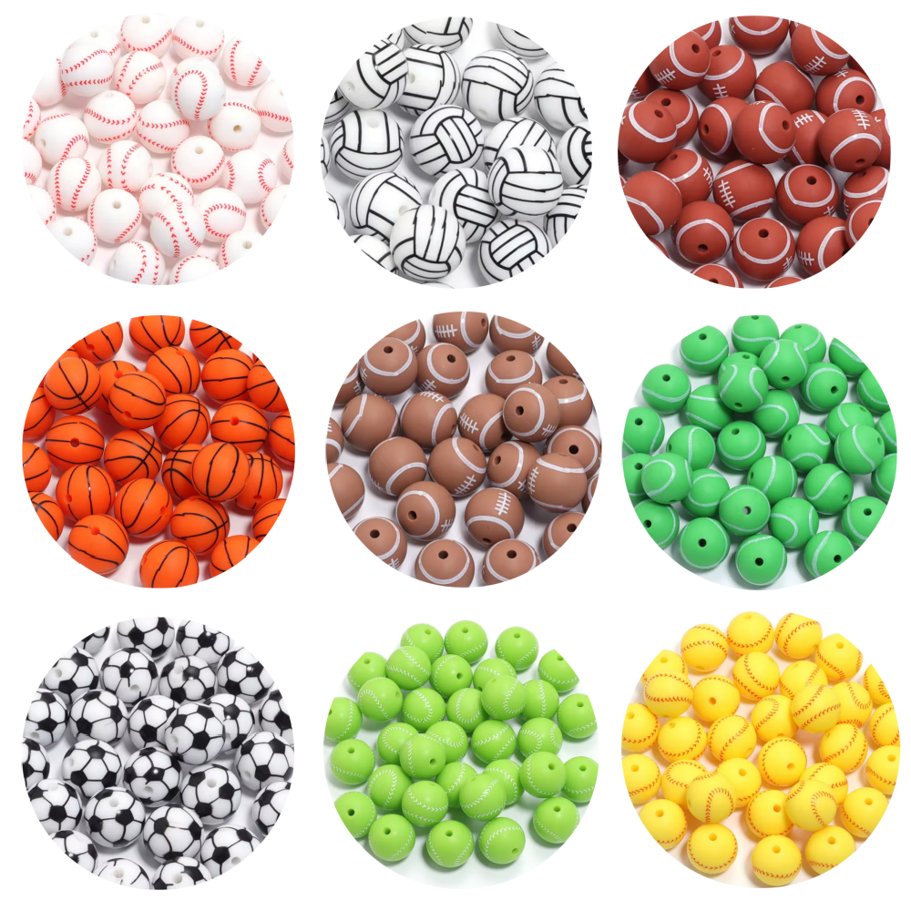LOFCA-Cuentas redondas de silicona estampadas, mordedor de 15MM para fútbol, béisbol, tenis, baloncesto, accesorios de cadena, 10 unidades
