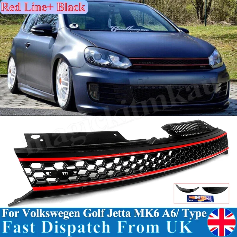 Badgeless Hex Mesh Grille Zwart Met Rode Trim Fit Vw Mk6 Golf Gti Jetta Sportwagen