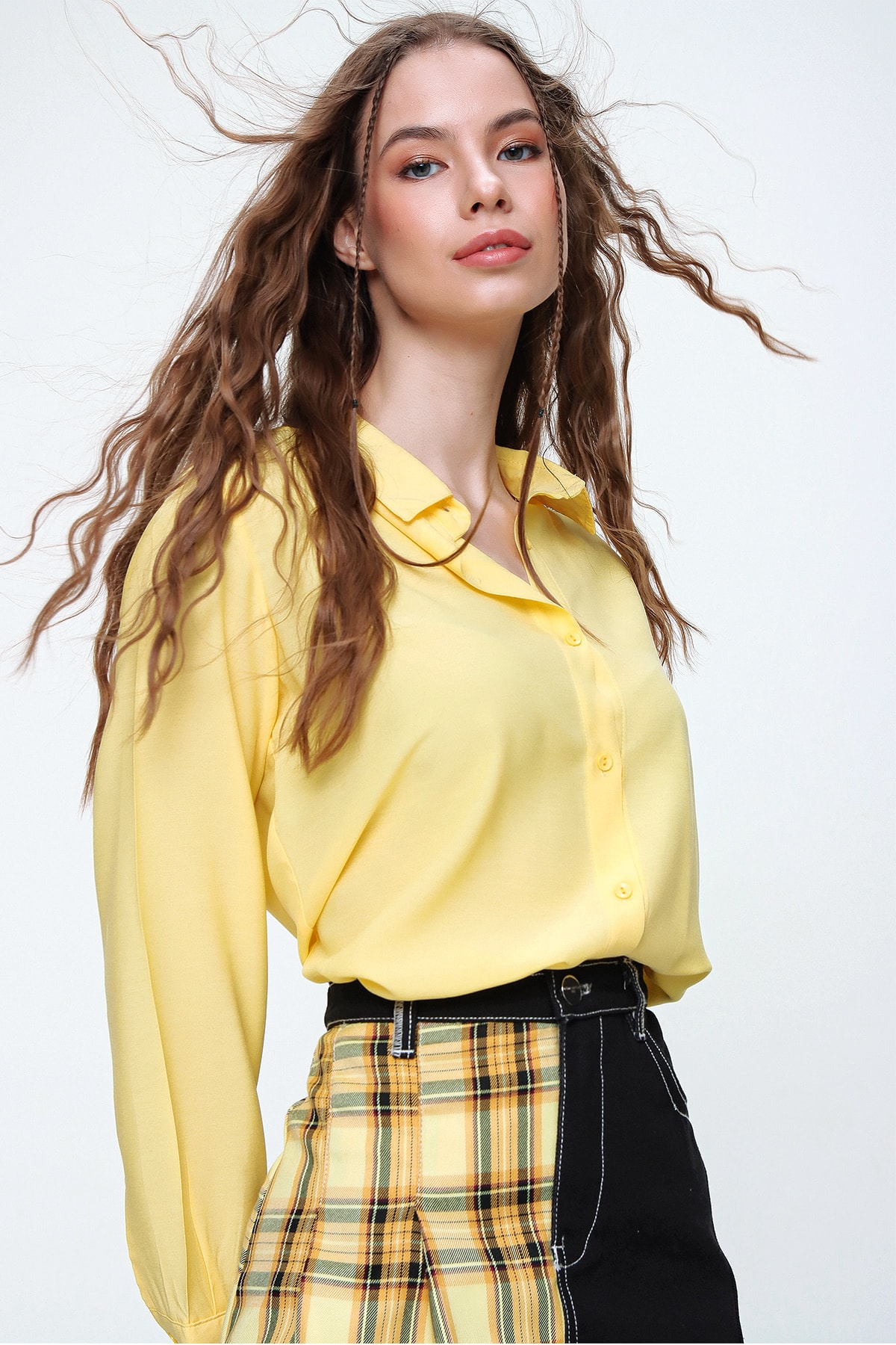 Kemeja Viscose Dasar Kuning Wanita Tren Fashion Wanita ALC-X5442 Musim Baru Berkualitas Cantik