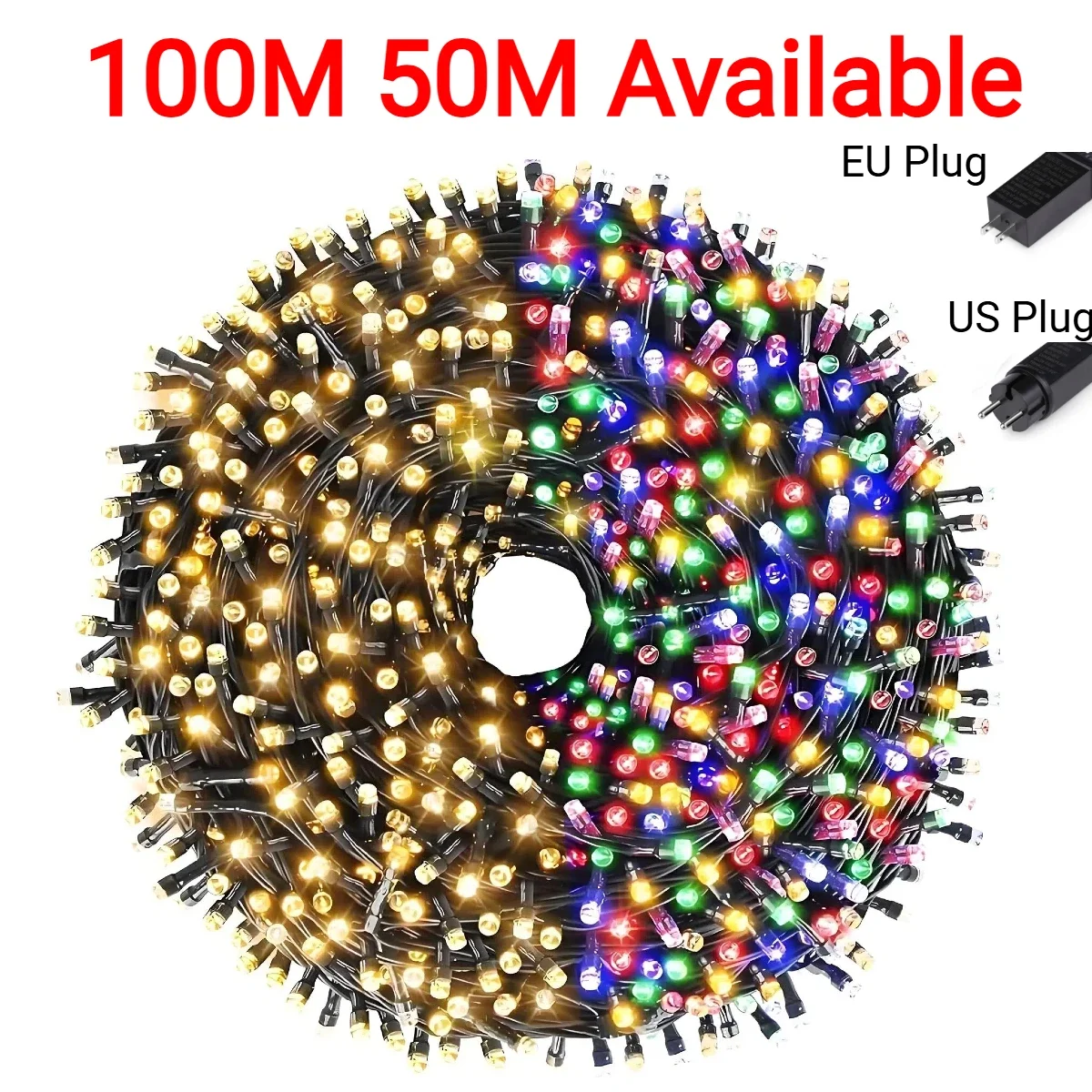 Guirnalda de luces LED de 100M y 50M, lámpara de hadas con 8 modos para patio al aire libre, césped, jardín, Navidad, Halloween, boda, decoración del Festival de Año Nuevo