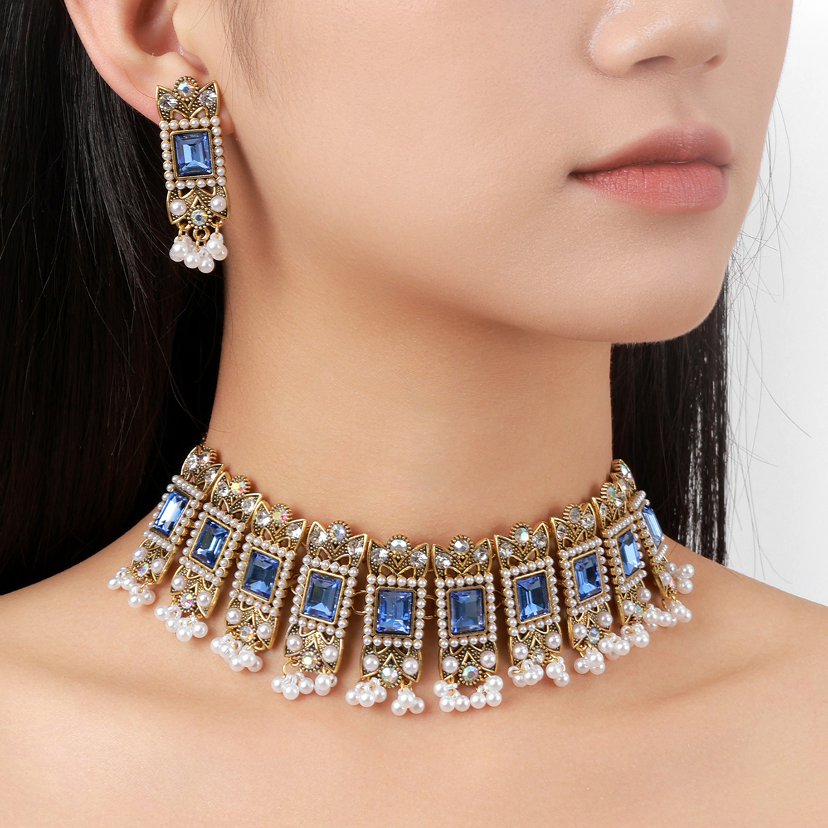 Conjunto de collar y pendientes geométricos de cristal azul de lujo para mujer, exquisito collar de borla de perlas de circón para novia, joyería para banquete de boda