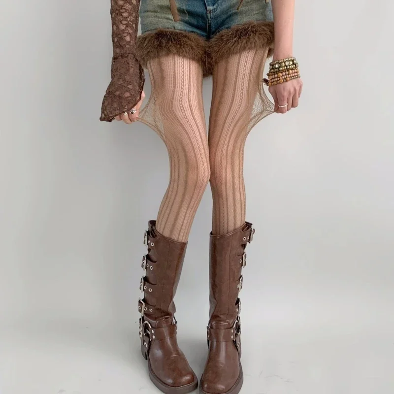 Mulheres vintage sólido fishnet renda padrão meias meias oco losango listrado geométrico jacquard meia-calça leggings