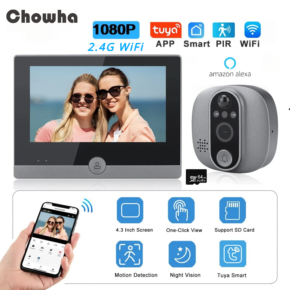 Timbre de vídeo Tuya 1080P WiFi mirilla cámara timbre de puerta PIR ojo de gato 4,3 pulgadas visor de puerta Digital para el hogar para protección de seguridad