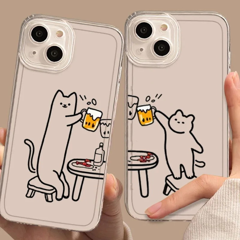 Grappige Kat Helder Paar Gekoppeld Telefoonhoesje Voor iPhone 17 15 14 12 11 13 16 Pro Max Mini 7 Plus SE Liefhebbers Soft Cover Shell Fundas