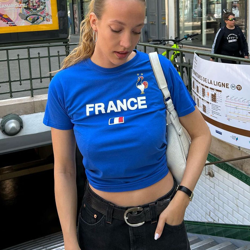 Y 2K Crop Top Blauw Frankrijk Tops Vrouwen Streetwear Goth Baby Tee Vintage Brief Print Casual T-Shirt Met Korte Mouwen Esthetiek Kleding
