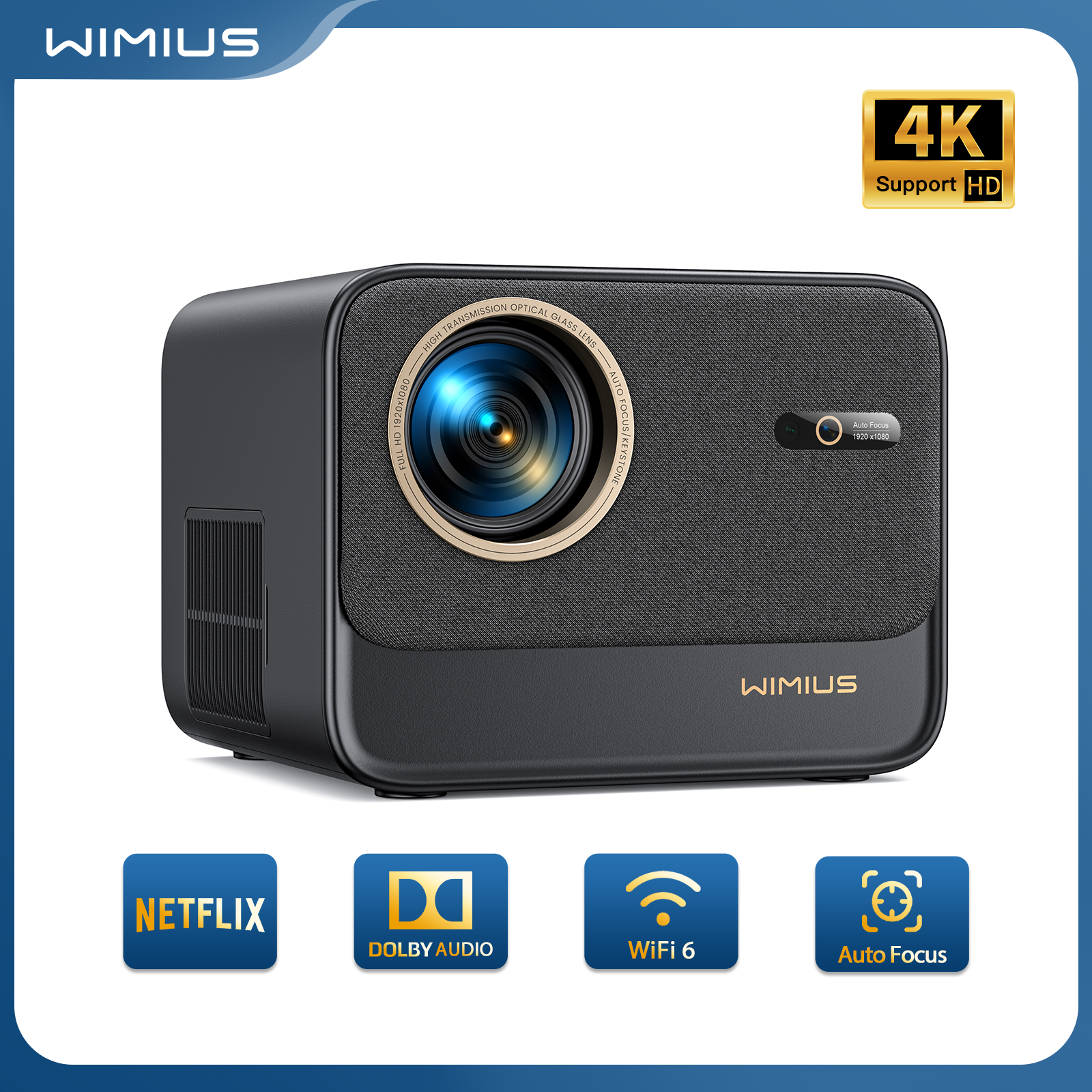 Projektor Wimius 4k obsługiwany 30000 lumenów automatyczne ustawianie ostrości/Keystone Full HD 1080p natywne WIFI 6 obsługa Bluetooth Dolby kino domowe