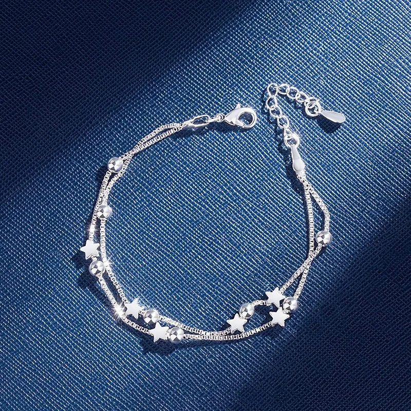 SAIYE, pulseras de plata de ley con cuentas de estrellas de doble capa para mujer, elegante pulsera con dije de cadena, regalo de fiesta de cumpleaños