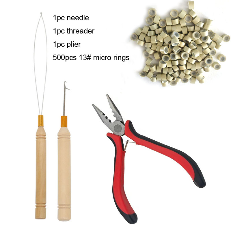 Extensões de cabelo contas ferramentas kit extensões micro puxando agulha, loop threader & 500 peças silicone forrado micro anéis