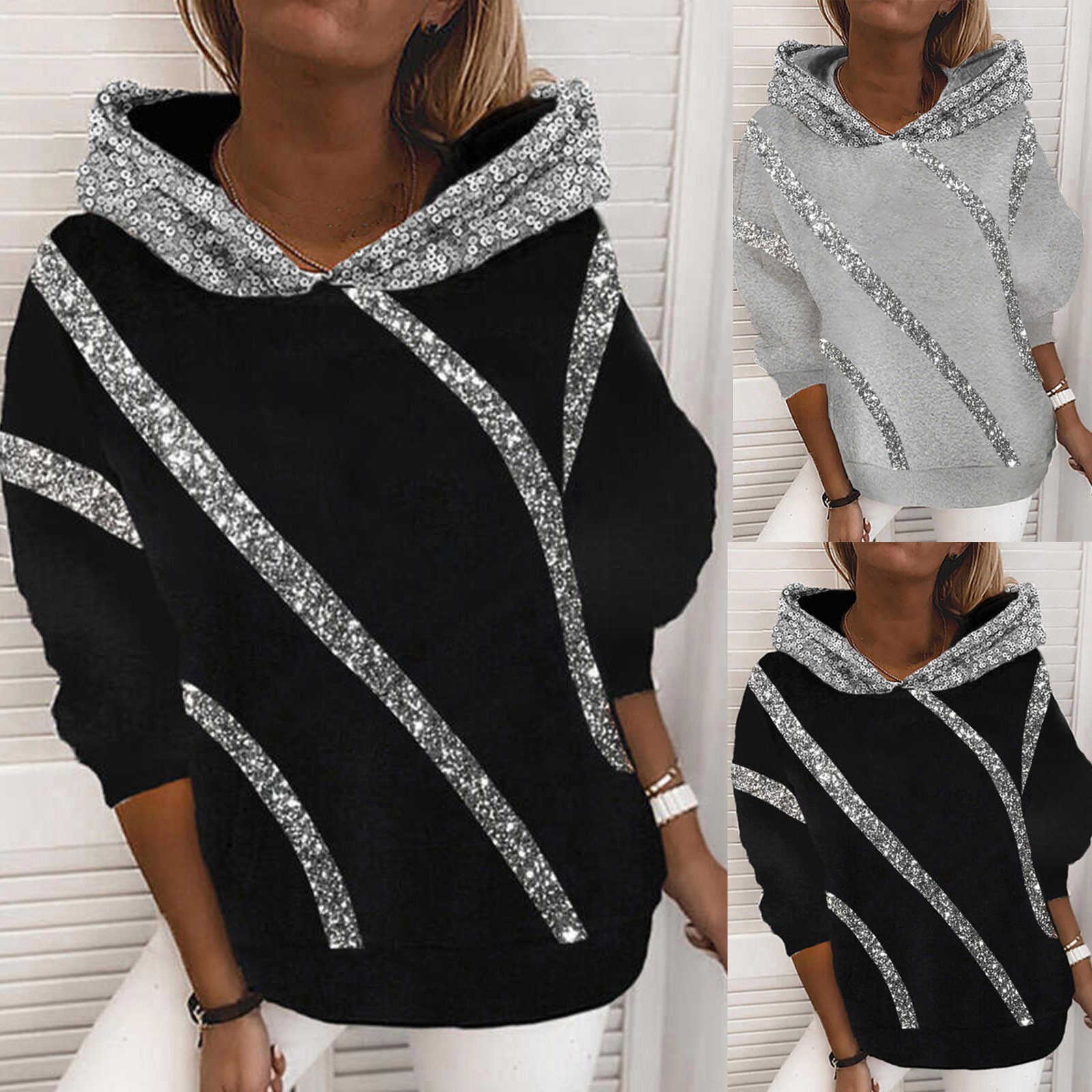 Tendencia de moda Otoño e Invierno Pop Hot Lentejuelas Impreso Sudadera con capucha suelta Mujer