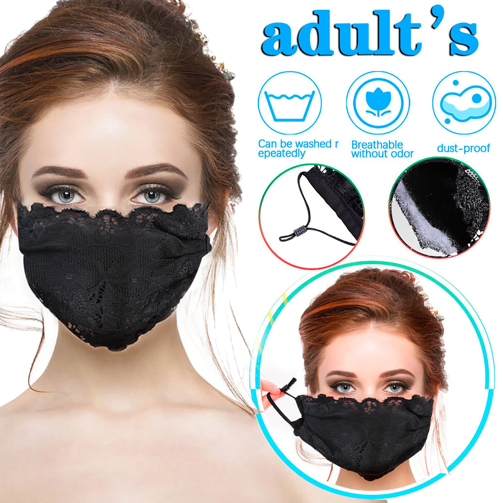 Senhoras dupla camada preto bordado renda adicionar algodão máscara respirável alta proteção e alta respirável lavável máscara reutilizável