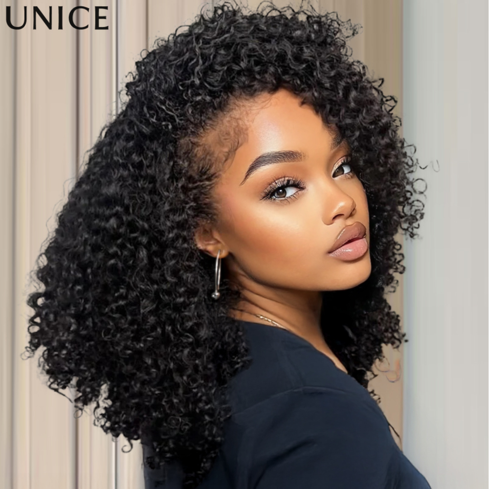 UNice Coily Curly Edges Kinky Curly Half Wig Human Hair 3 In 1 Seamless Flip Over Half Wigs Glueless Drawstring Wig For Beginner
