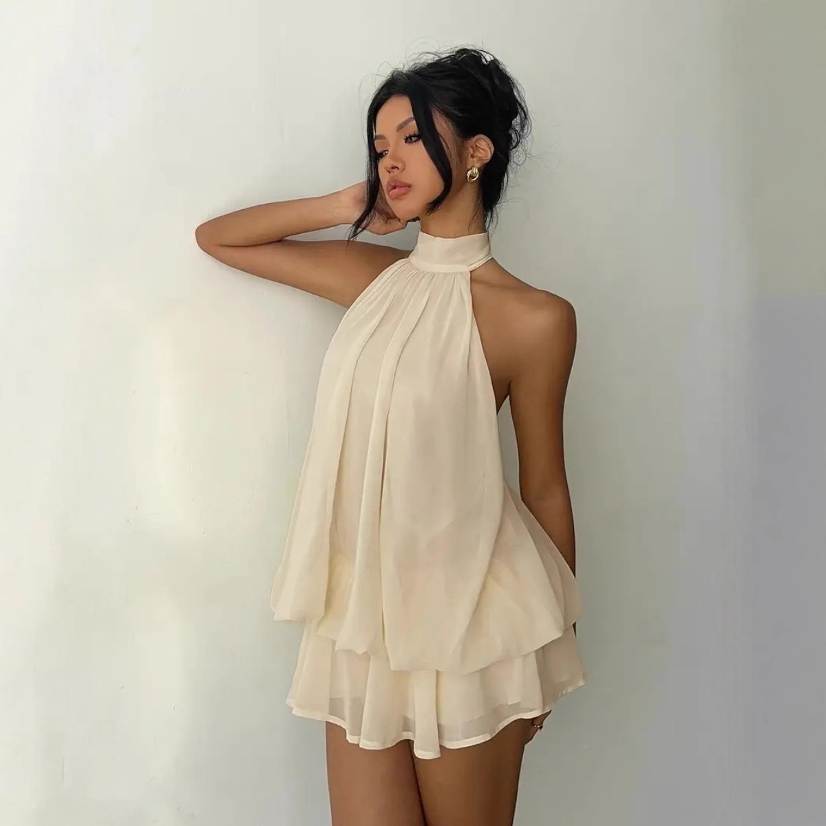 Damesjurk met halternek, chiffon mini-rok met strik aan de voorkant, modieuze sexy Y2K vintage schattige feestjurk voor verjaardagen
