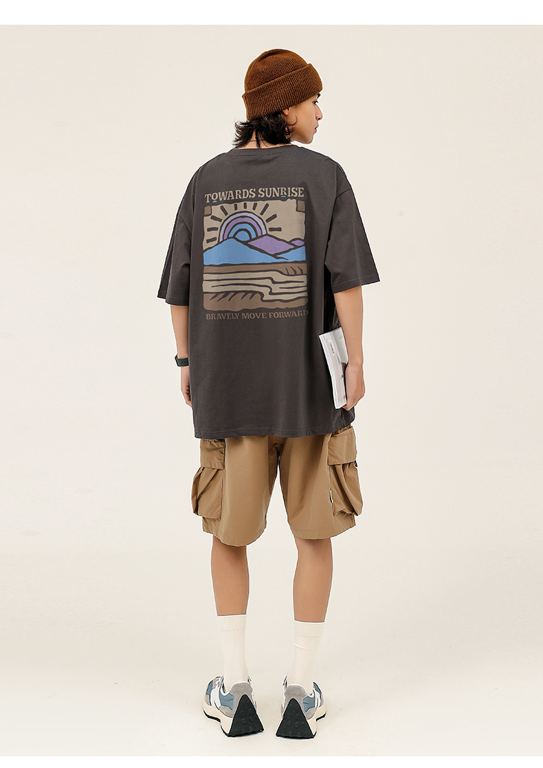 Amerikanisches Retro-Muster, bedrucktes, kurzärmeliges Baumwoll-T-Shirt mit Rundhalsausschnitt, Unisex, übergroßes Top, lässiges, lockeres, modisches Streetwear-Top