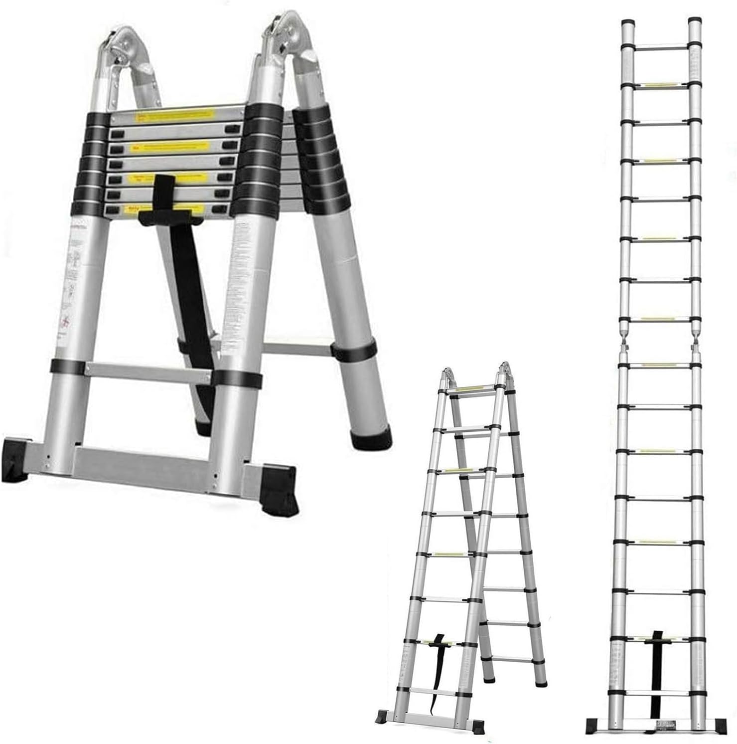 Escalera Telescópica de Aluminio de 16 Pies con Barra Estabilizadora, Escalera Plegable Multiusos, Capacidad Máxima de 330 Libras