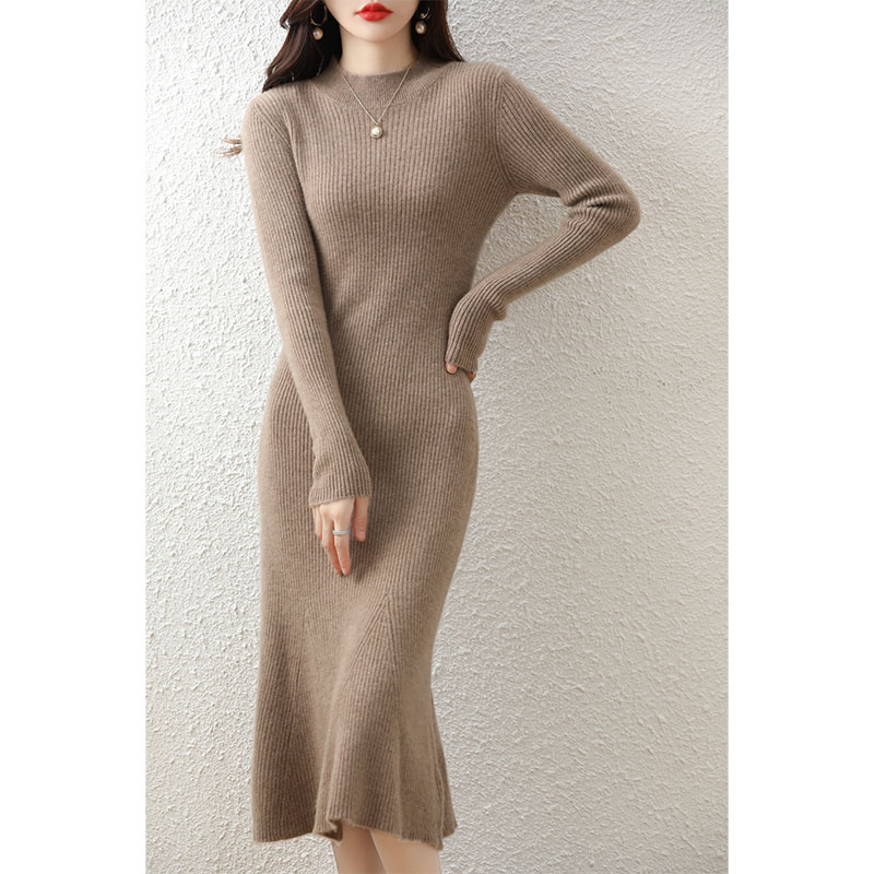 เสื้อกันหนาวผู้หญิงชุดถัก100% Merino ขนสัตว์ O-Neck Elegant ชุดเดรสปาร์ตี้ฤดูใบไม้ร่วงฤดูหนาวหญิง Pullover Casual กระโปรง
