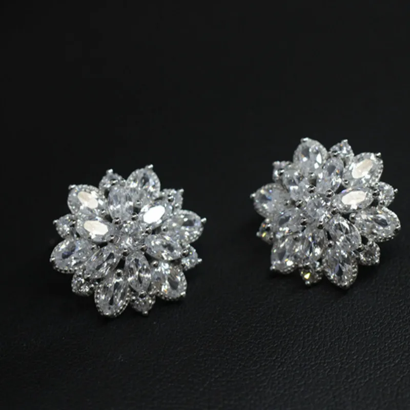 925 Sterling Silver AAA Cubic zirconia Flowers Stud Earrings For Women Luxury Bride lady fashion jewelry Anti allergy
