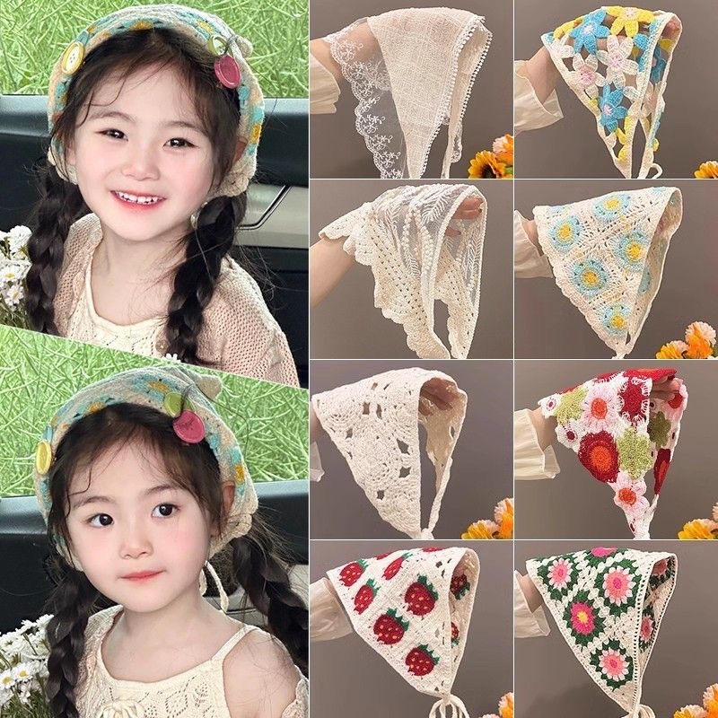 2026 New Spring and Summer Korean Sweet Cute Handmade Crochet Hollow Triangle Headband Towel Women Literary Photo Hair Scarf