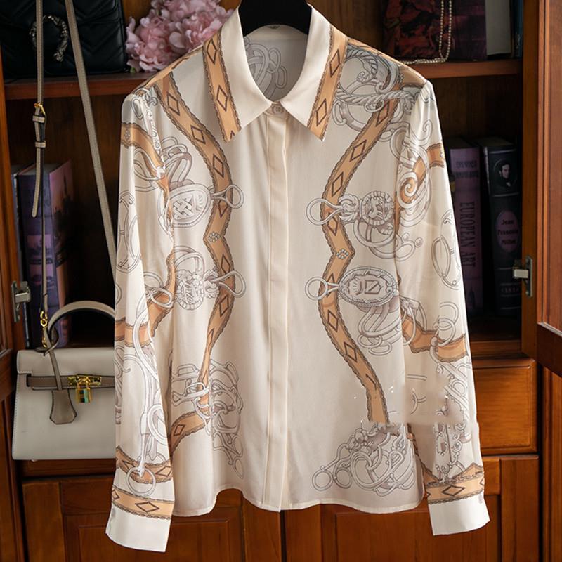 Catena di posizionamento del colletto Polo di alta qualità camicia di seta stampata colletto a scatto camicia da donna in seta di gelso Blusa Luxo camicette top