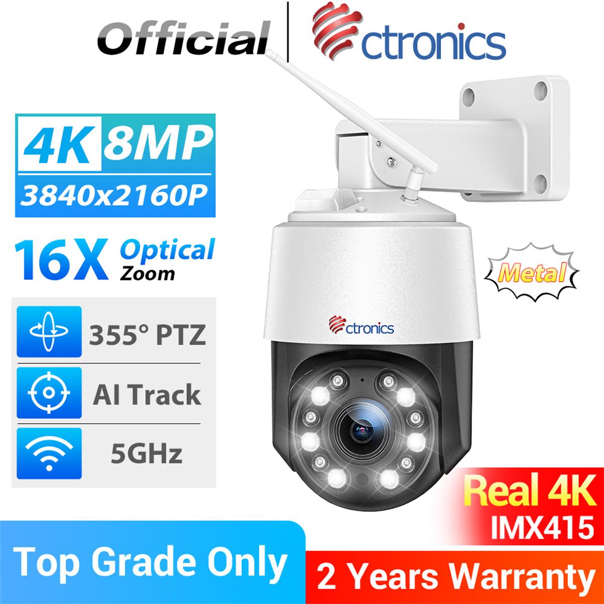 Ctronics-Zoom Óptico Câmera de Vigilância de Segurança, Auto Tracking, UHD, Visão Noturna, Auto Tracking, Exterior, 4K, 8MP, WiFi, 5Ghz, 360, 16X, Real