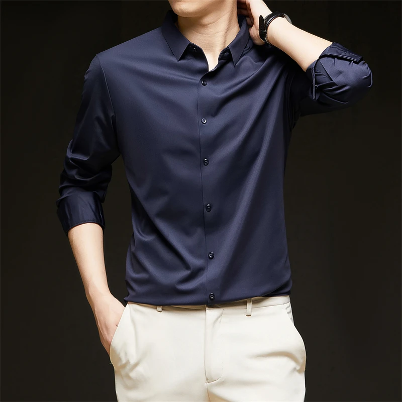 Neues, langärmliges, einfarbiges Business-Casual-Hemd für Herren, knitterfrei, knitterfrei, bequem, vielseitiges Oberteil für die ganze Saison