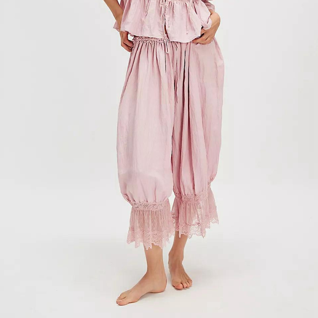 Feminino y2k solto ajuste bonito bloomers calças cortadas cordão cintura alta floral renda retalhos bezerro-comprimento lanterna calças