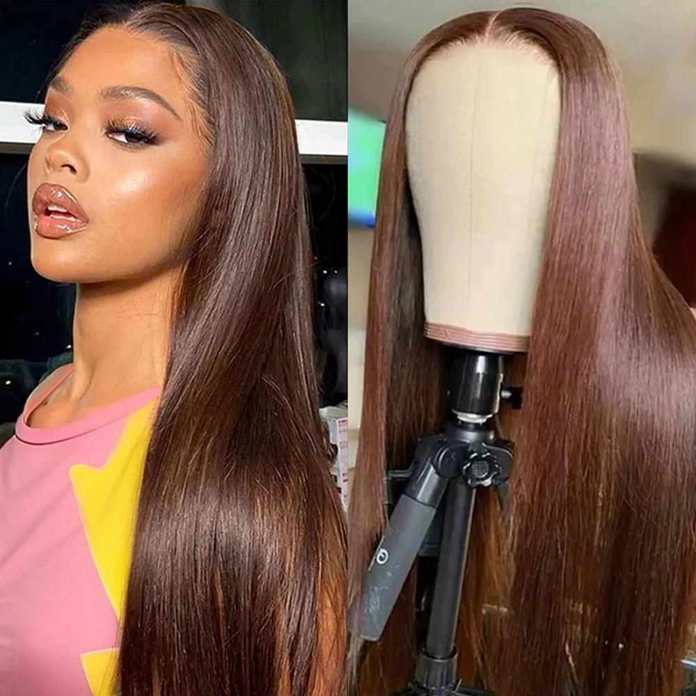 Cheveux humains # Perruque droite 46 pouces 4 Chocolate, Lace Frontal HD 13x4 13x6 pré-épilée, Cheveux Brésiliens Remy, Densité 200%, pour femmes