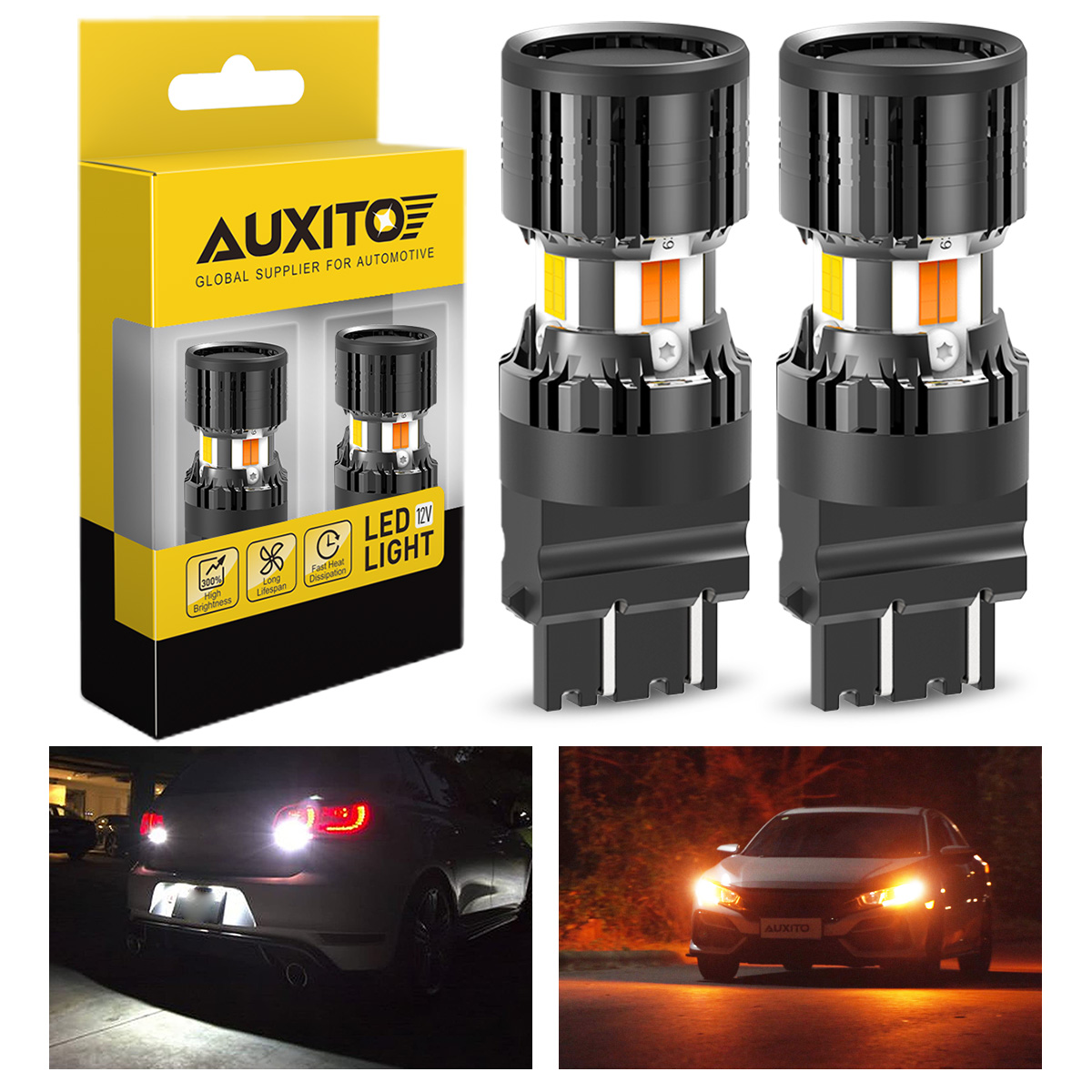 AUXITO 2 ชิ้น P27/7 วัตต์ 3157 หลอดไฟ LED Canbus DRL ที่จอดรถเลี้ยวไฟสัญญาณ T25 Dual สีเหลืองสีขาว Switchback พร้อมพัดลมระบายความร้อน