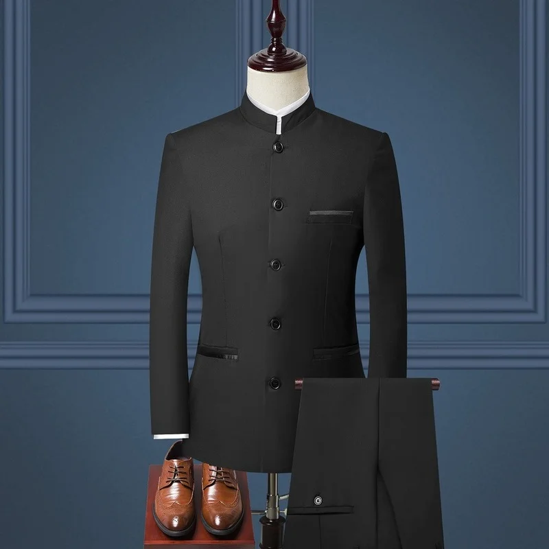 Conjunto de ternos masculinos (jaqueta + calça) 2025 nova boutique moda gola estilo chinês ternos slim fit duas peças roupas masculinas de casamento