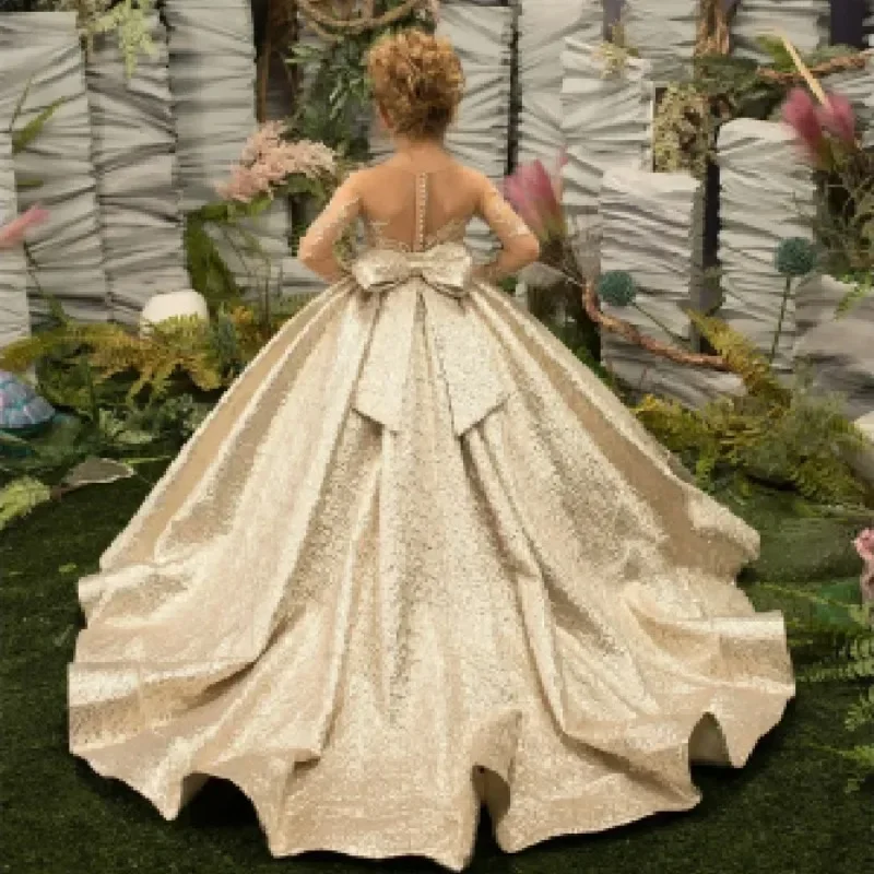 Robe à fleurs personnalisée pour filles, longue et moelleuse, manches fantaisie, ceinture à nœud, princesse, bal de promo pour mariage, fête d'anniversaire, soirée