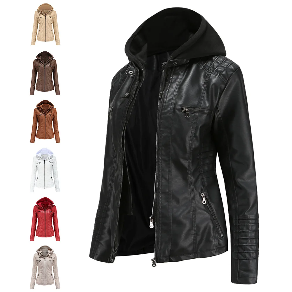 Chaquetas de piel sintética con capucha para mujer, chaqueta ajustada de manga larga con cremallera, abrigos empalmados, ropa de calle informal lisa, otoño 2024