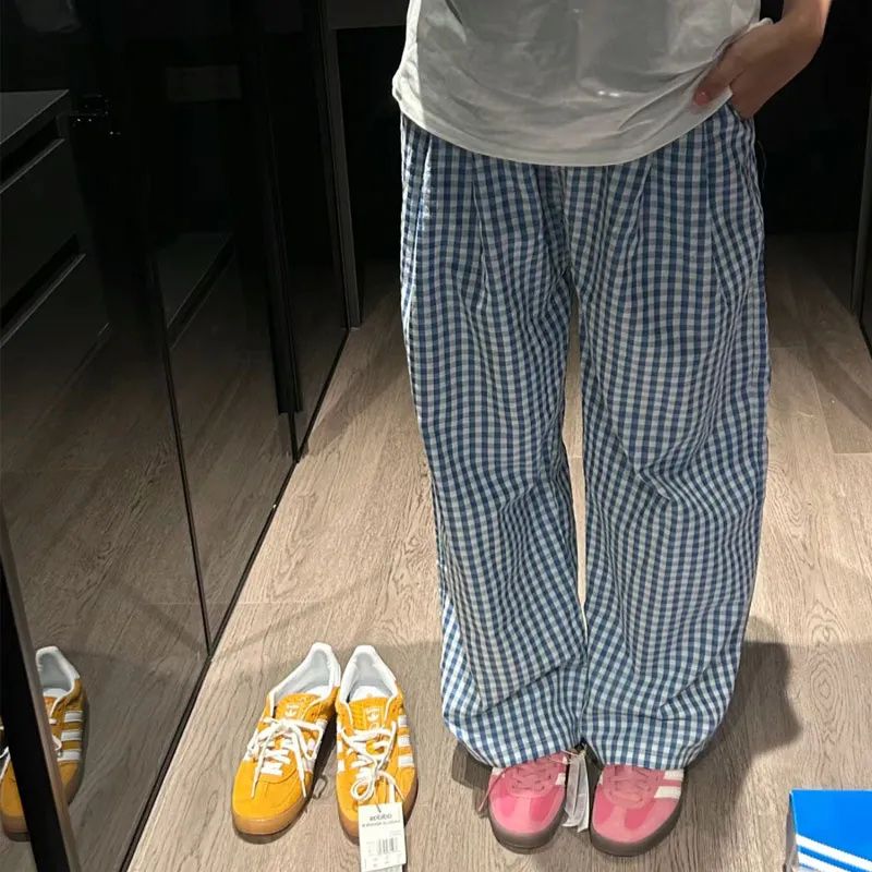 Deeptown vintage y2k xadrez calças casuais femininas harajuku oversized coreano moda calças baggy verão perna larga calças finas