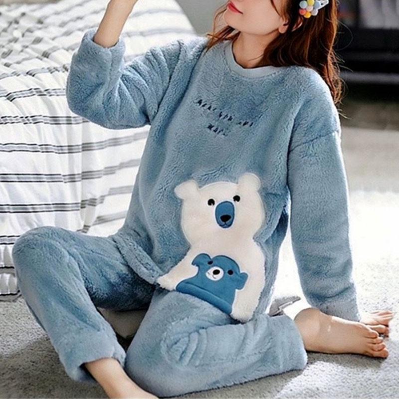 Pijamas gruesos de franela cálida para otoño e invierno, pijamas de talla grande 2xl, traje de manga larga, ropa de casa de oso de dibujos animados azul, ropa de descanso escolar