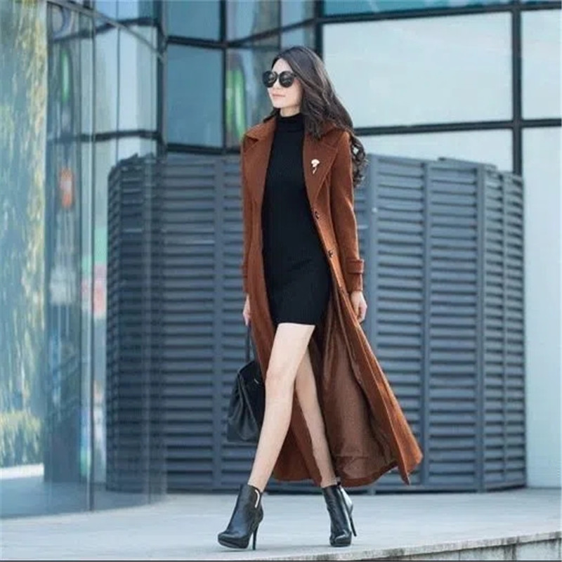 New Women's Spring Autumn Winter Woolen Coat Slim  Long Over The Knee Lining Woolen Windbreaker Outerwear Match Belt Female