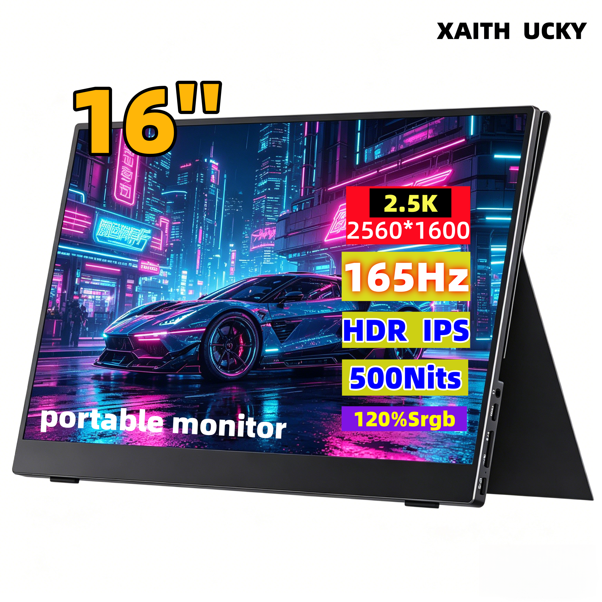 XAITH UCKY 16-calowy przenośny monitor 2K, 2560×1600, 500 nitów, 120% sRGB, 165Hz HDR, z HDMI i USB-C, zewnętrzny wyświetlacz podróżny do laptopa