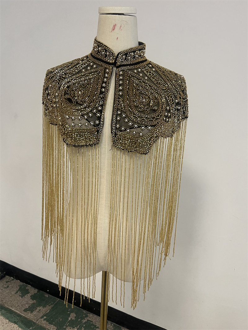 Luxuriöser Perlen-Fransen-Cape mit Stehkragen, Pailletten-Quasten-Schal für Damen, Hochzeit, Abendparty, Bolero, Formelles Kleid-Überwurf