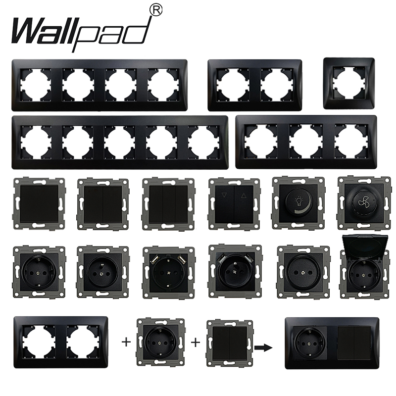 Interruttore a Muro Opaco con Cornice in Plastica Nera per Prese EU, Fai da Te, per TV, Dati, Satellite, Tende, Dimmer, Ventilatore, 1-2 Gang, 2 Vie, Scatola Rotonda