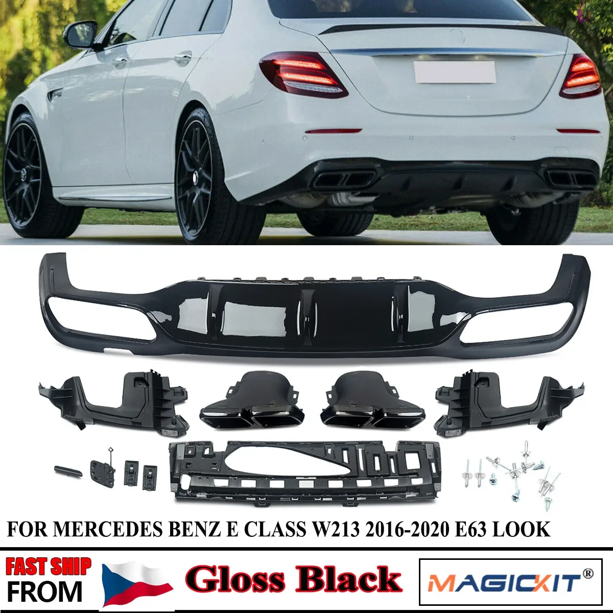 Dla Mercedes-Benz W213 AMG E63 Style Carbon Tylny zderzak Dyfuzor z końcówkami wydechu Błyszcząca czerń